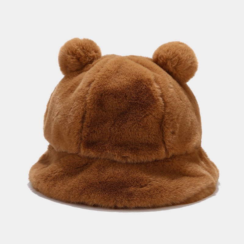 Brown fluffy Kawaii hat with bear ears on a white background