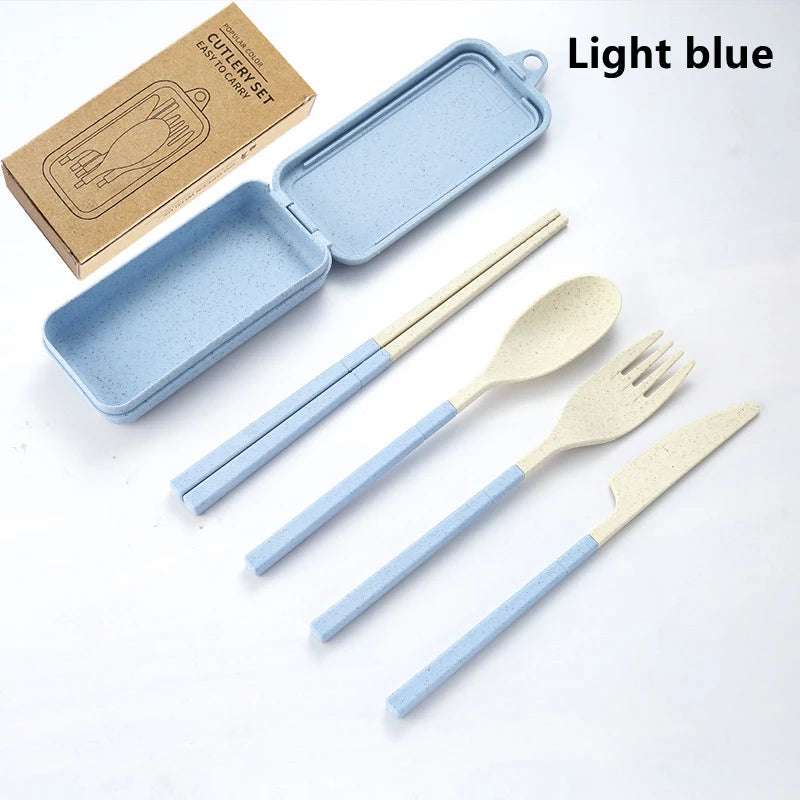 Light blue kawaii utensils set with case on a white background