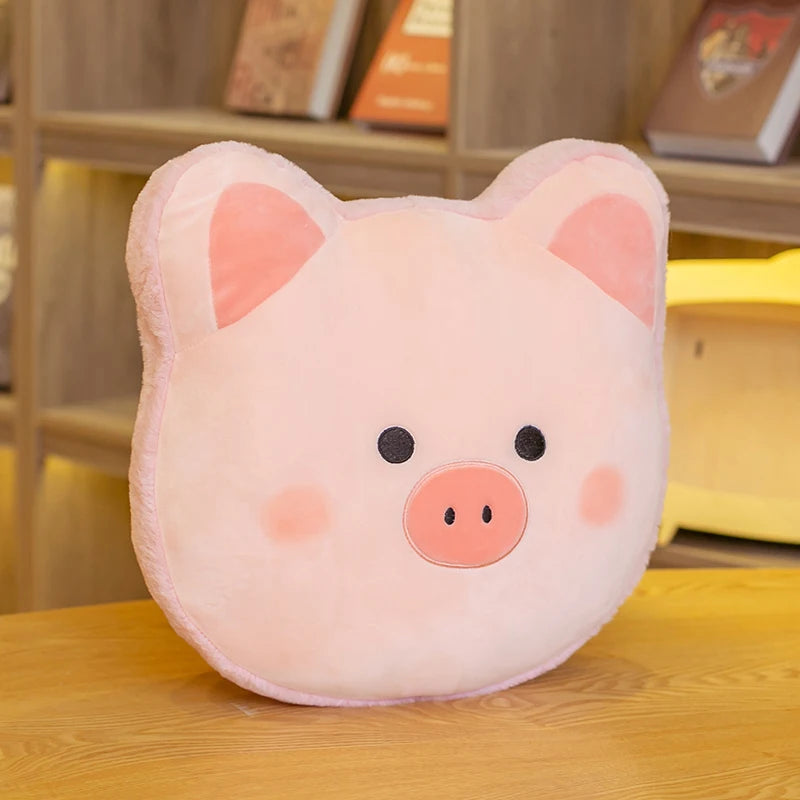 Kawaii plush pig toy on a wooden surface with a blurred bookshelf background