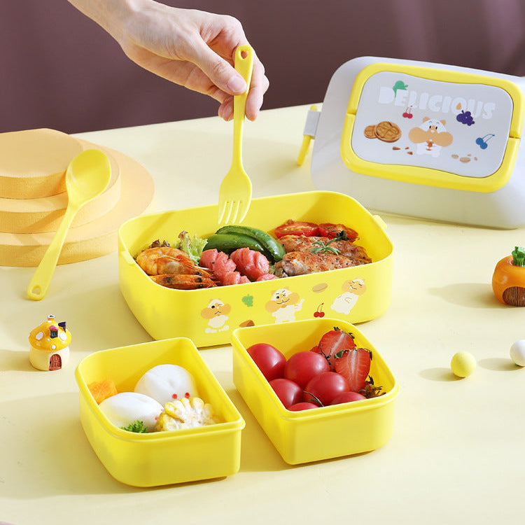 Yellow kawaii bento box with food and a fork on a table, with text in the background.