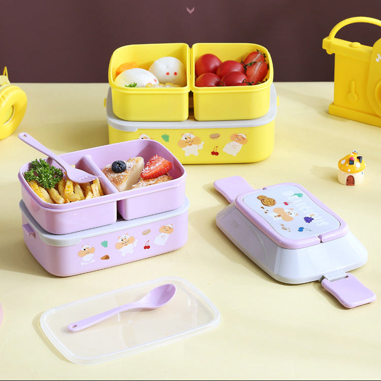 Colorful kawaii lunch boxes with compartments on a light purple background