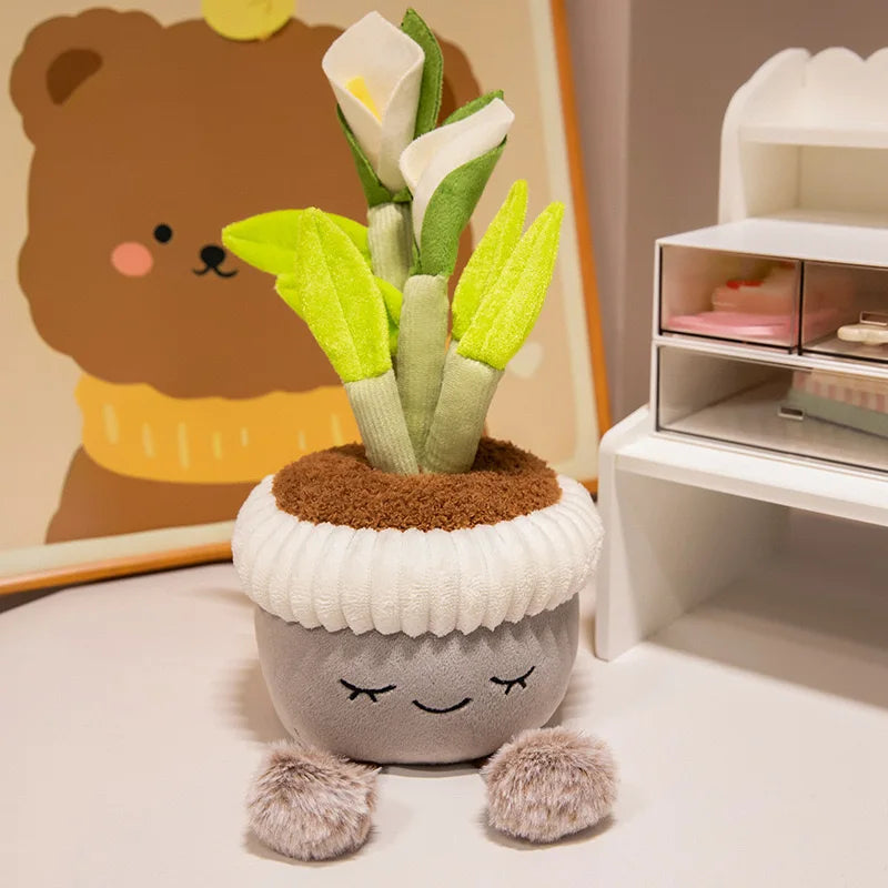 Plush kawaii toy plant with a smiling face on a shelf