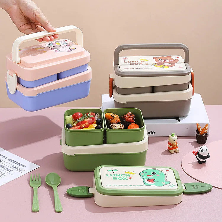 Set of colorful kawaii lunch boxes with compartments and cartoon designs on a pink surface.