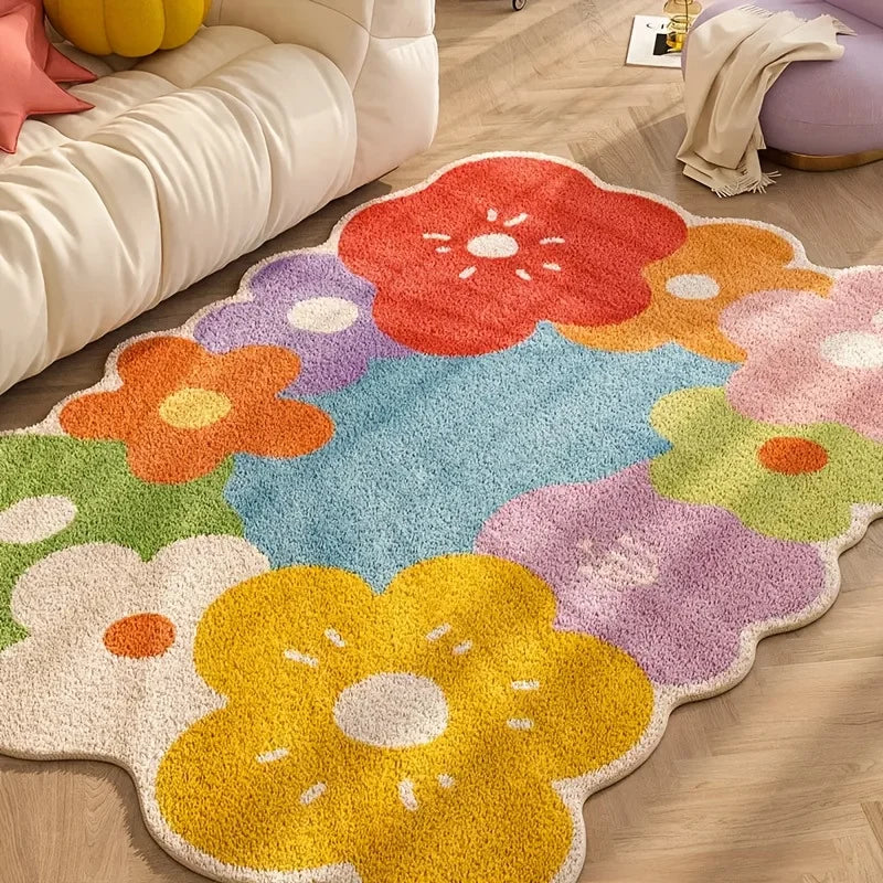 Colorful floral kawaii rug on a wooden floor with a couch and chair in the background.
