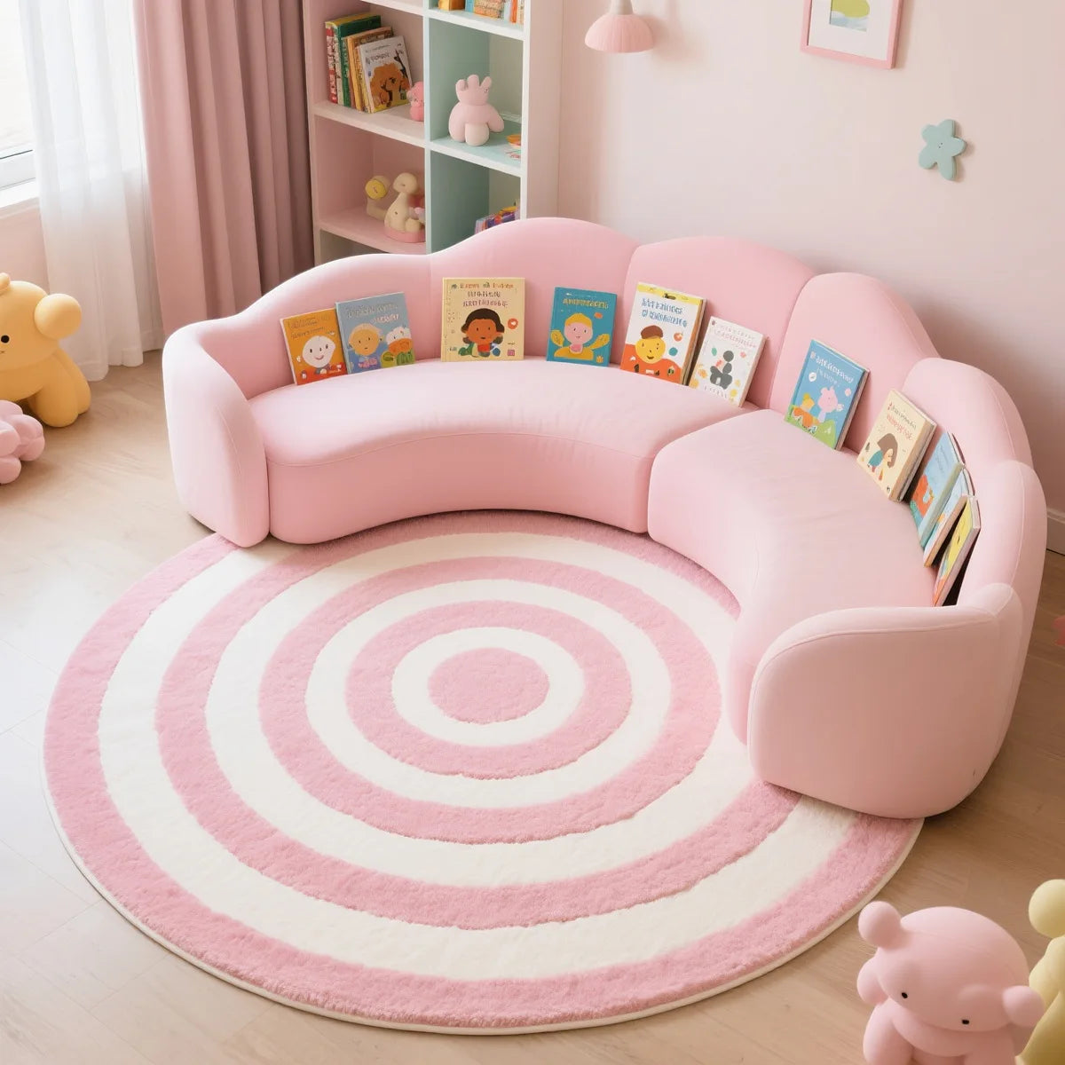 Pink children's sofa with books and a round pink kawaii rug in a room.
