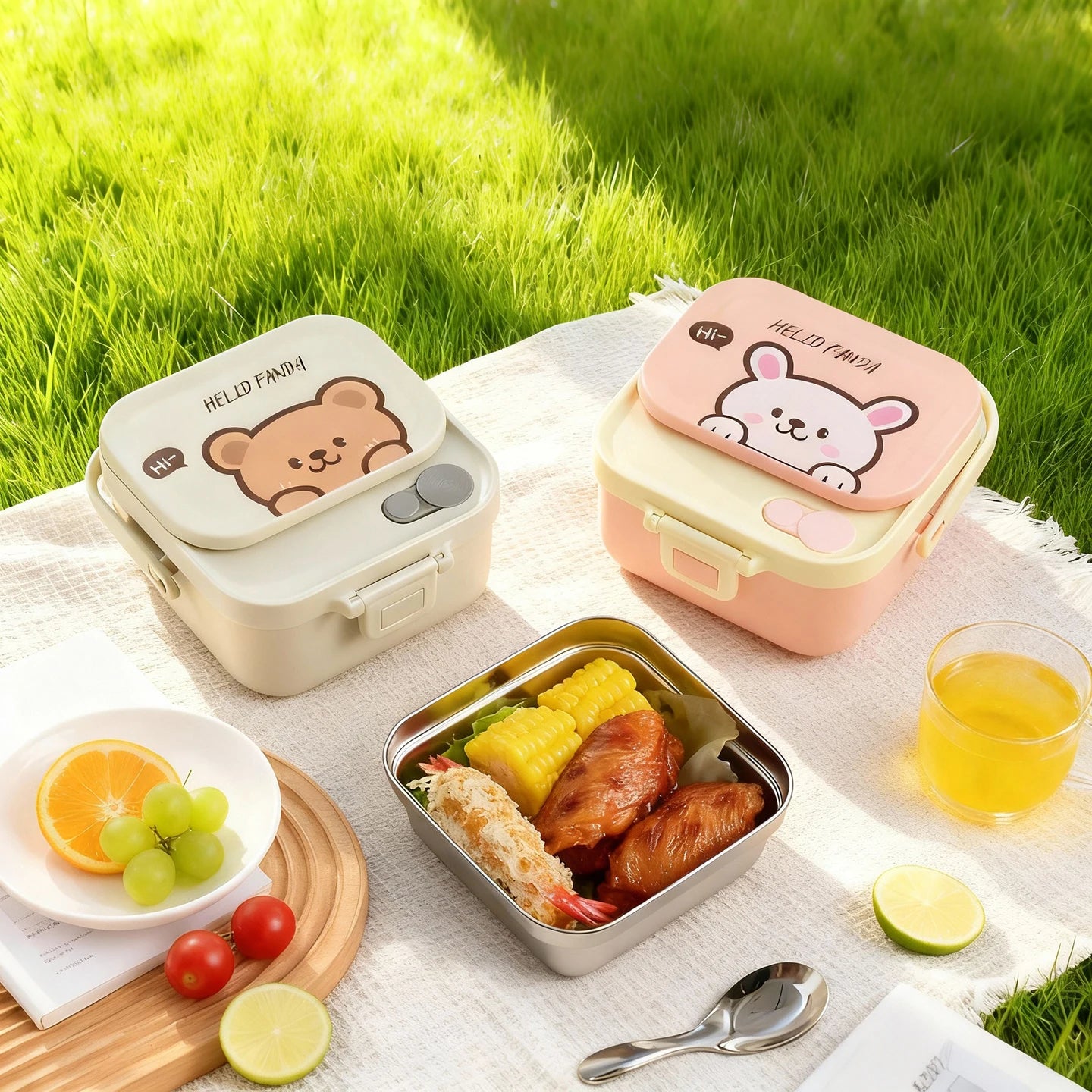 Two cartoon-themed kawaii bento boxes on a picnic blanket with food and drinks.