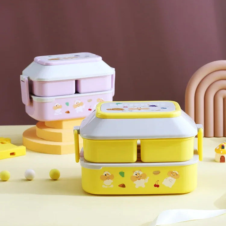 Yellow kawaii bento box with cartoon design on a light purple background