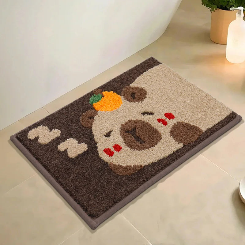 Decorative bath mat with a cartoon dog kawaii design on a bathroom floor.