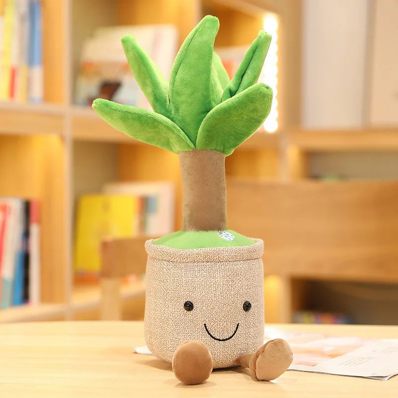 Plush kawaii toy plant with a smiling face on a wooden surface