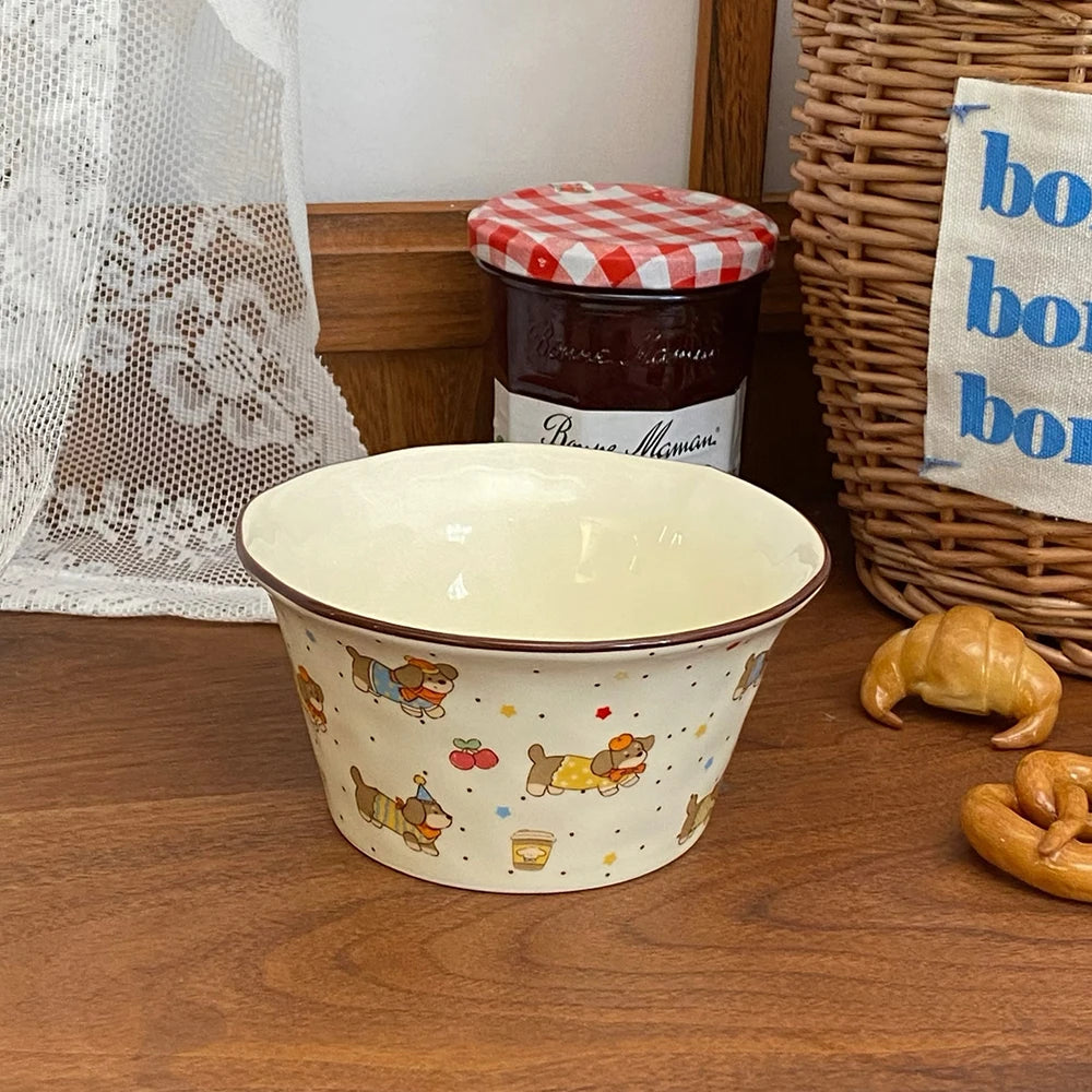 White kawaii ramen bowl with cartoon designs on a wooden surface, next to a jar and basket.