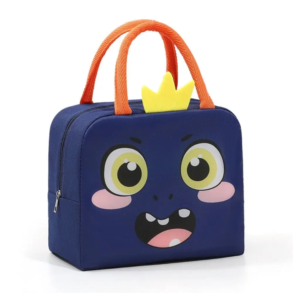Blue kawaii bag with cartoon face design and orange handles on a white background