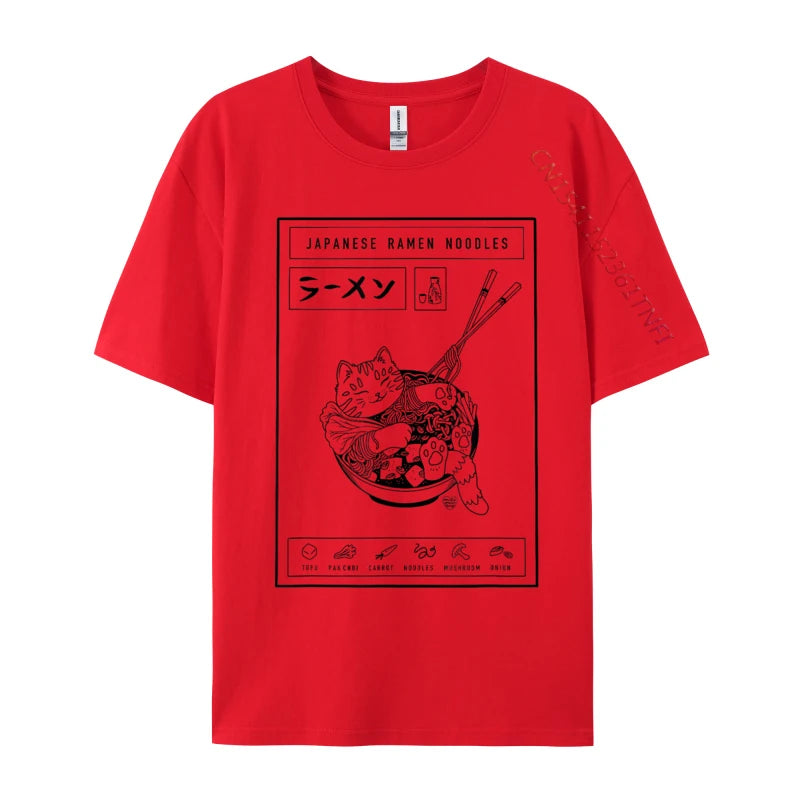 Red t-shirt with black kawaii graphic design on a white background
