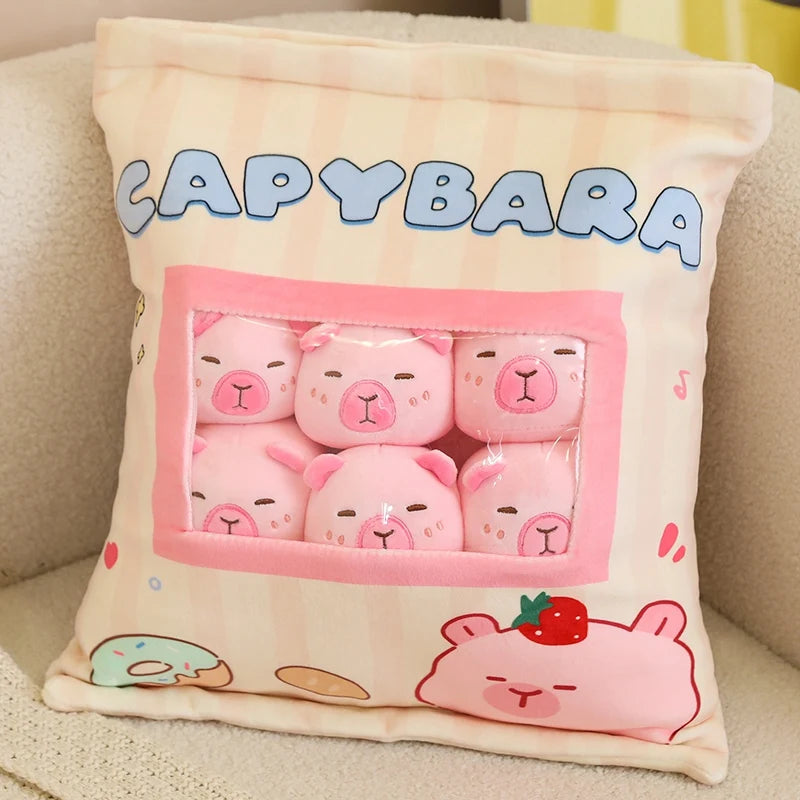Capybara-themed kawaii pillow with plush toys on a beige couch