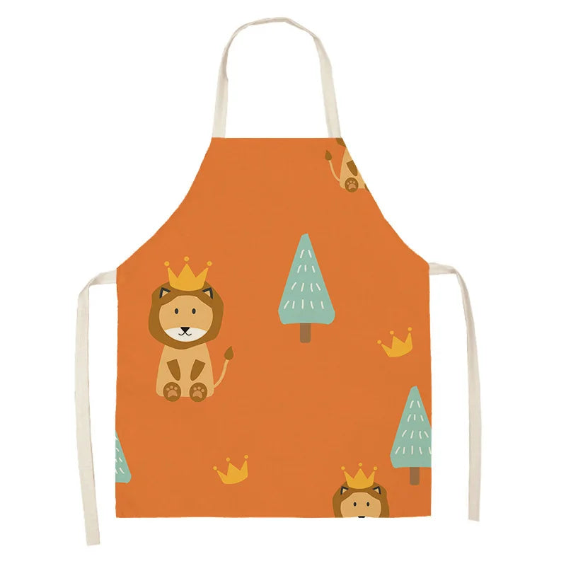 Children's kawaii apron with lion and tree design on an orange background