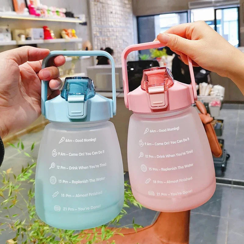 Two kawaii water bottles with time markers, one blue and one pink, held by hands in a kitchen setting.