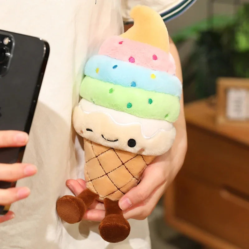 Kawaii plush ice cream cone toy held by a person with a blurred indoor background