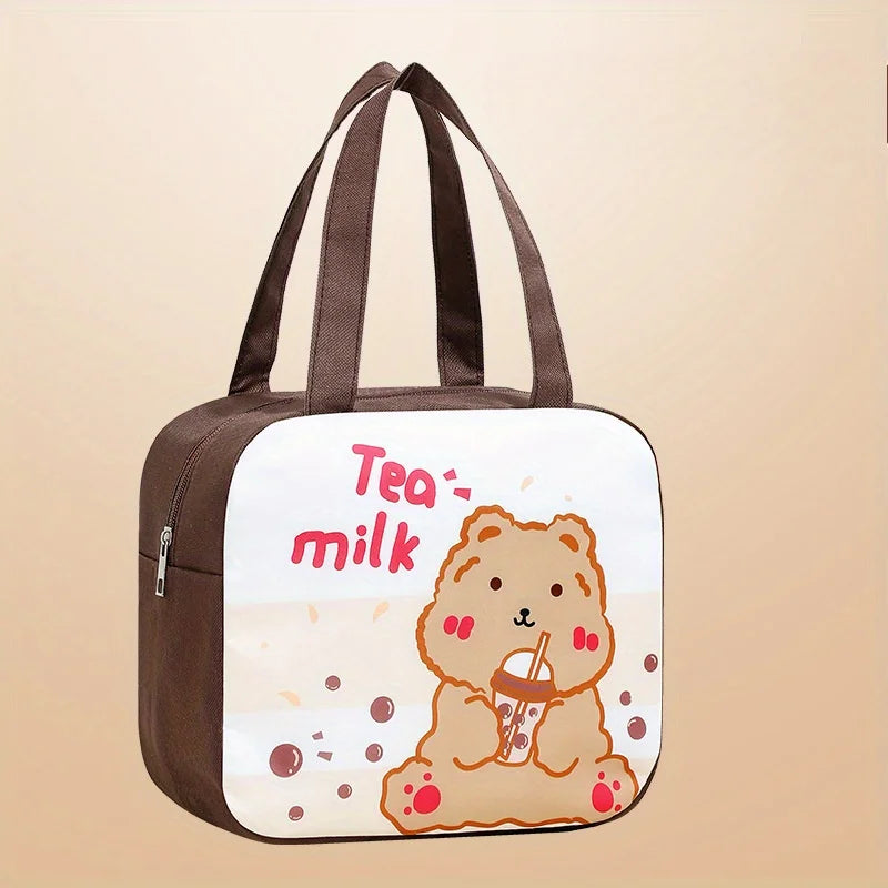 Brown and white kawaii bag with a bear illustration and 'Tea milk' text on a beige background