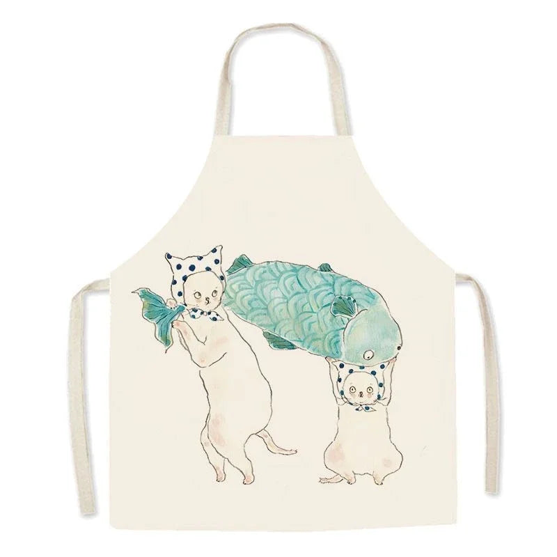 Kawaii apron with cartoon design of two characters holding a fish on a white background