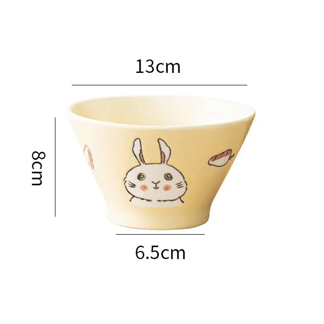 Yellow kawaii ramen bowl with a rabbit design and measurements on a white background