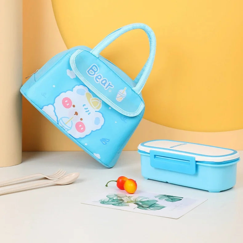 Cartoon-themed kawaii lunch bag with a bear design on a yellow background