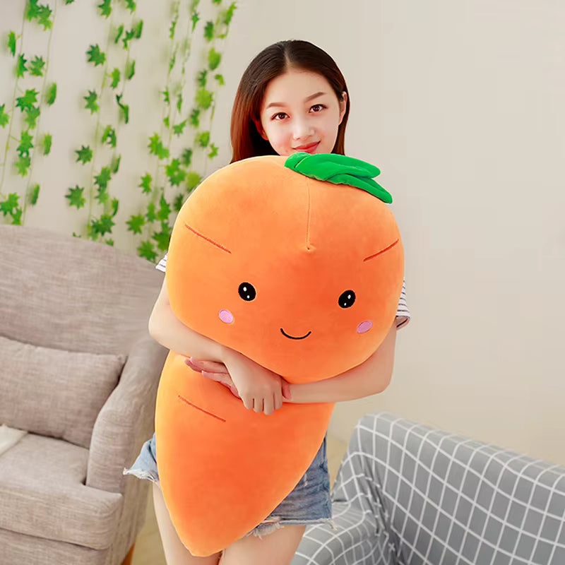 Person holding a large kawaii plush carrot toy in a living room setting