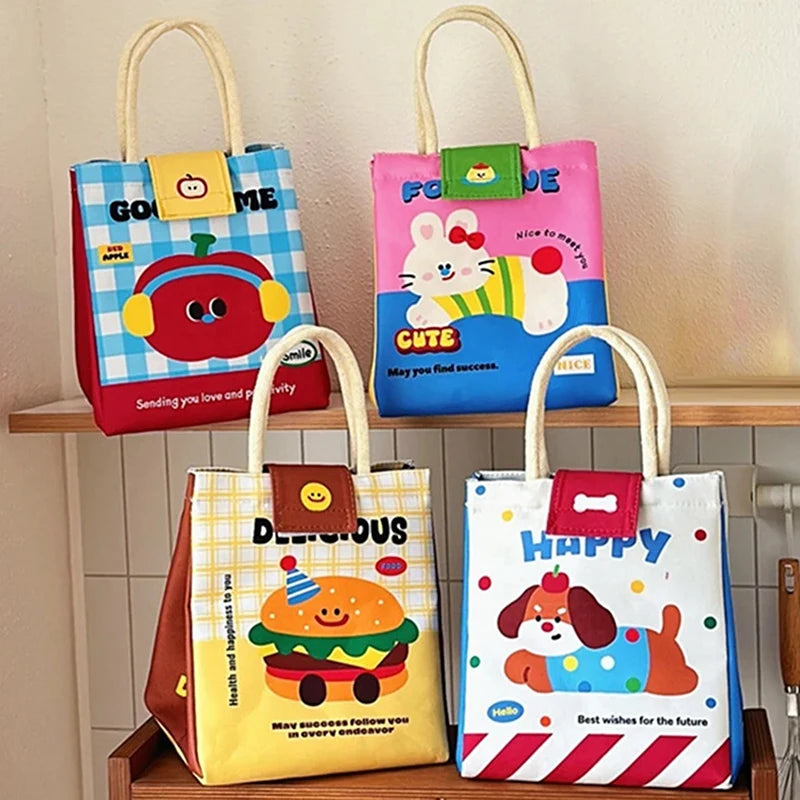 Four colorful children's kawaii bags with cartoon designs on a wooden shelf.
