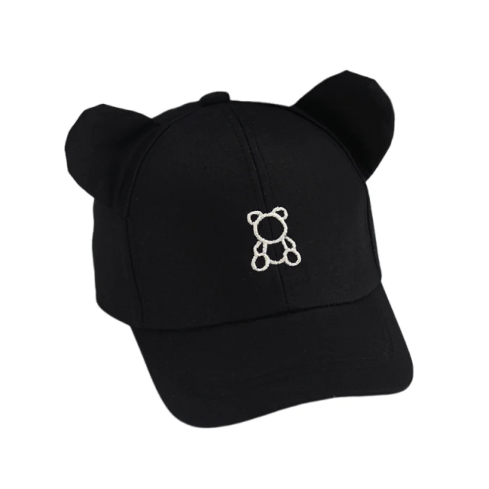 Black cap with Kawaii bear ears and a small bear emblem on a white background