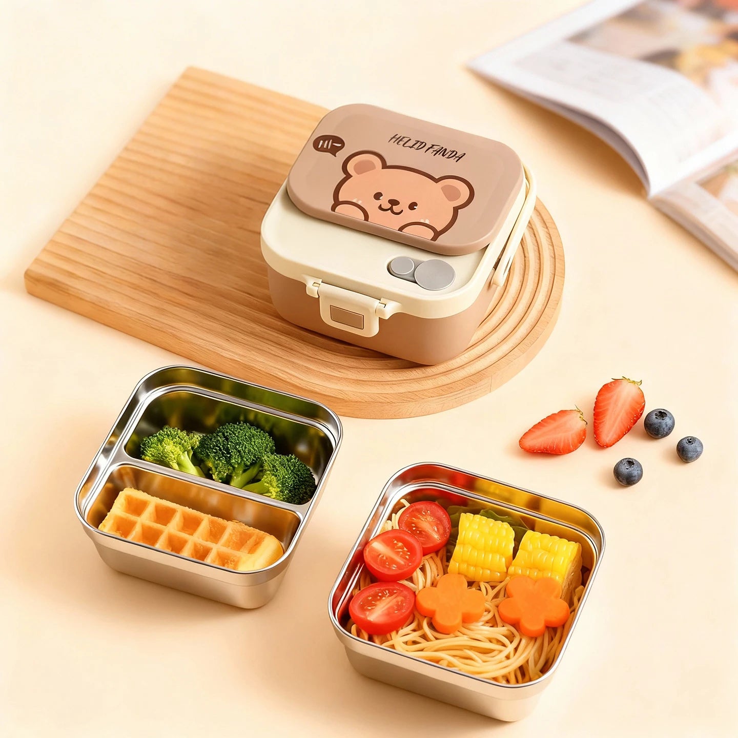 Children's kawaii lunch box with compartments containing food on a wooden surface.