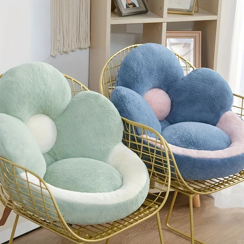 Two floral-shaped kawaii cushions on wireframe chairs in a room setting.