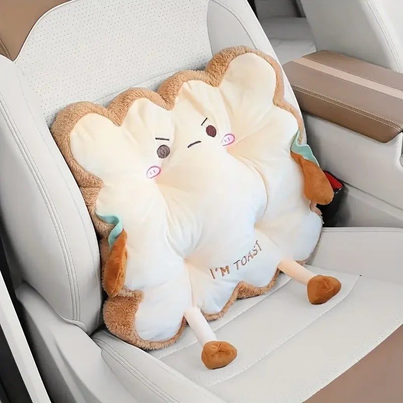 Kawaii plush toy resembling a piece of toast with a face on a car seat.