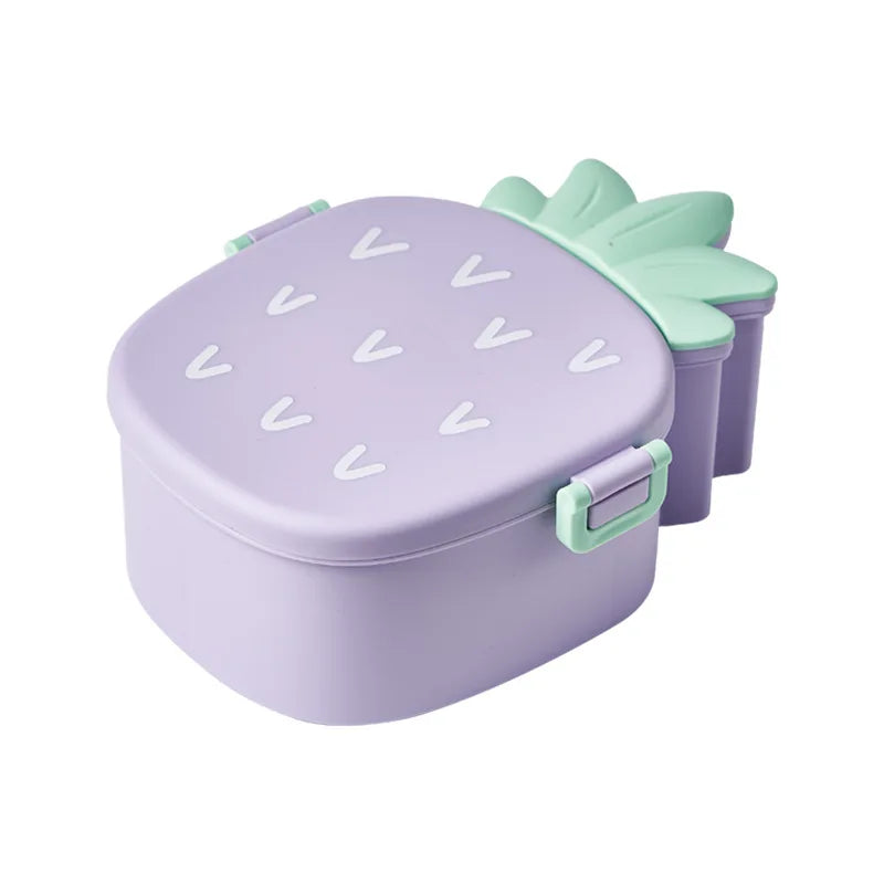 Purple snack kawaii container with green lid and strawberry design on a white background