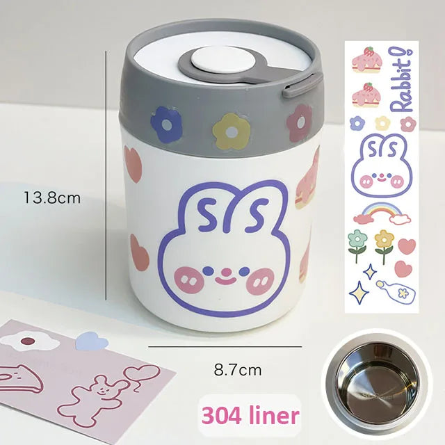 Children's kawaii ramen bowl with cartoon rabbit design, measurements, and stickers on a white background