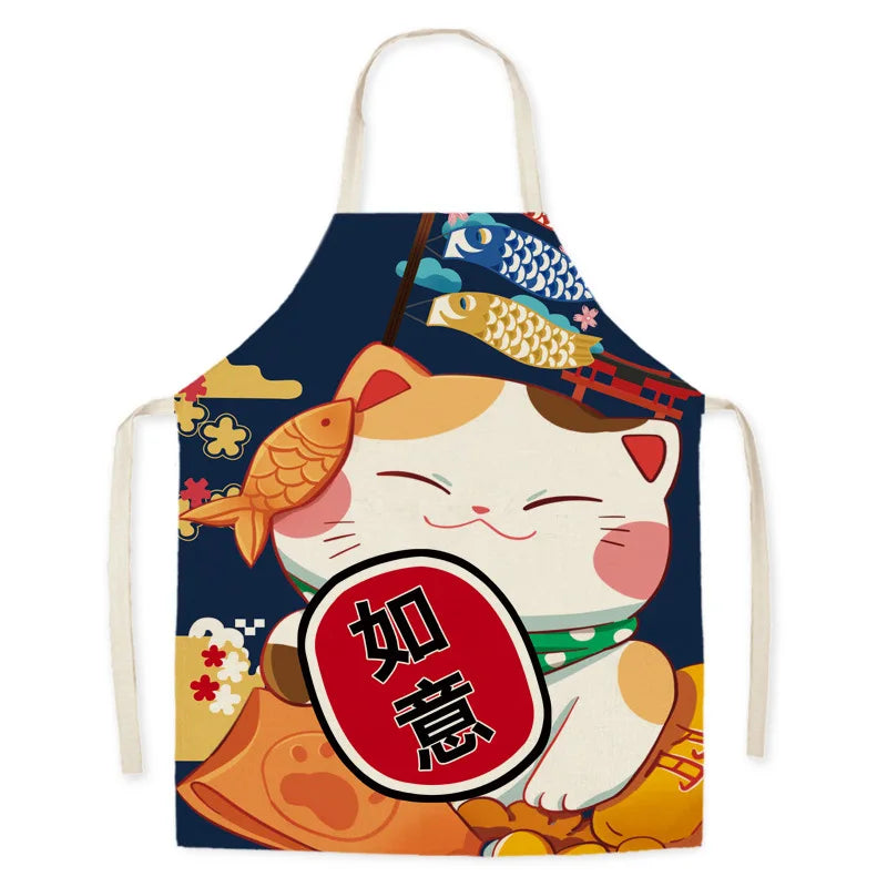 Colorful kawaii apron with a cartoon cat design and fish on a white background