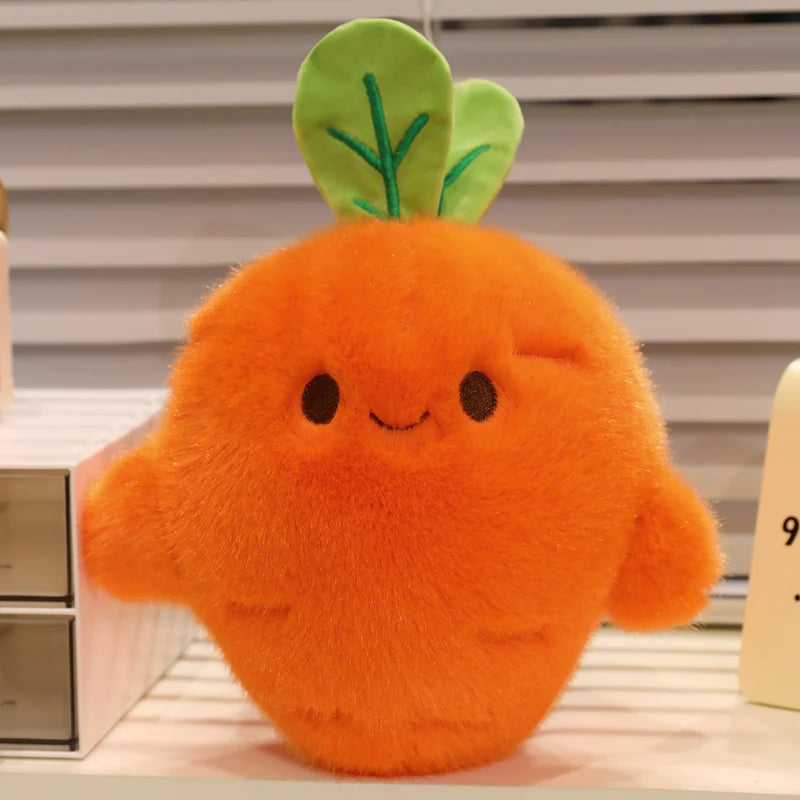 Kawaii plush toy carrot with a smiling face on a wooden surface