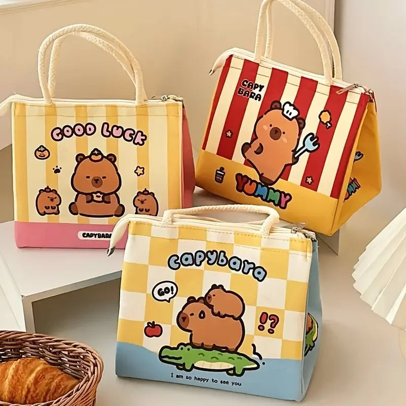 Three kawaii cartoon-themed bags with cute designs on a light background