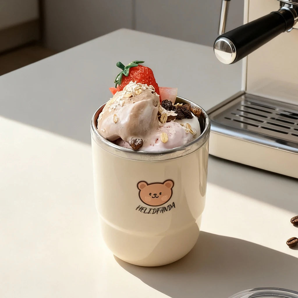 Ice cream with toppings in a bear-themed kawaii cup on a table with a coffee machine in the background