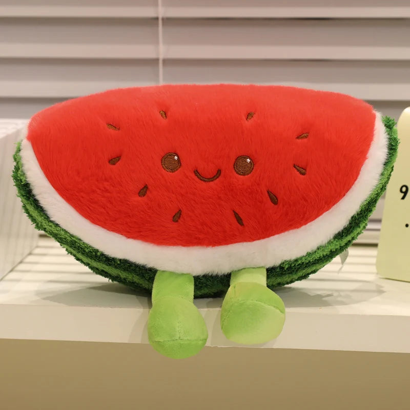 Kawaii plush toy shaped like a watermelon slice on a shelf.