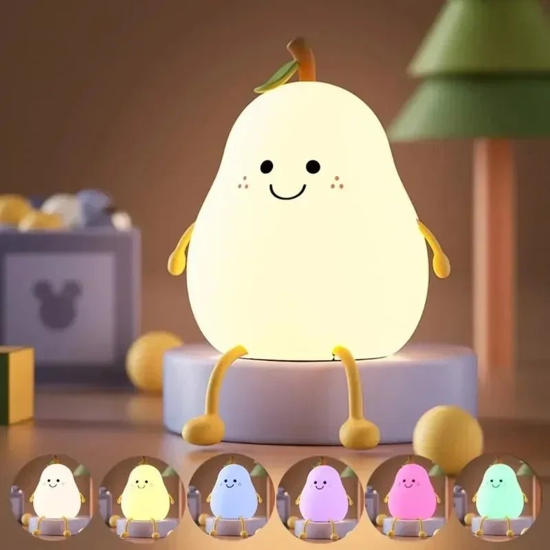 Kawaii night light character shaped like a pear with multiple color options displayed.