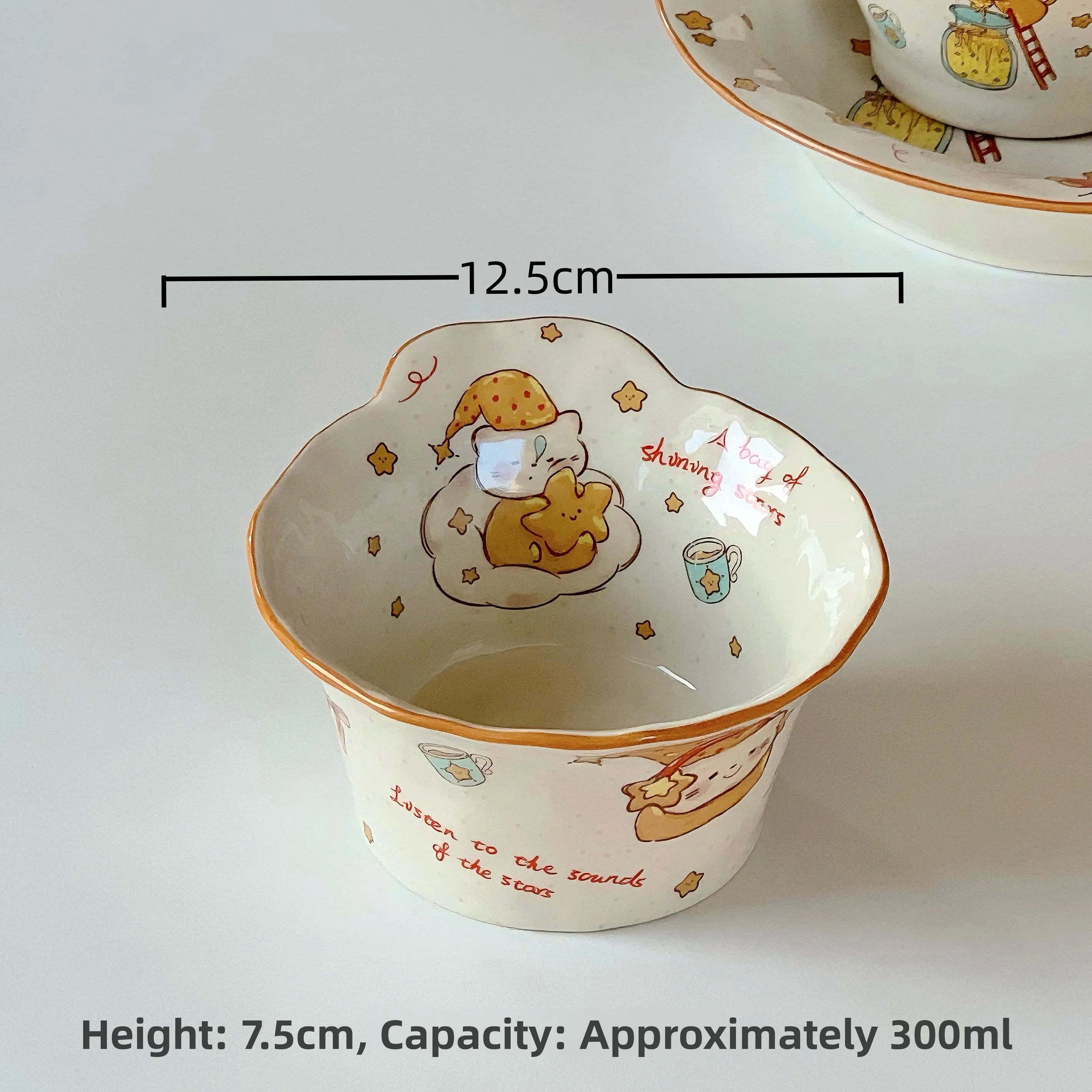 Ceramic kawaii ramen bowl with cartoon design and measurements on a white background