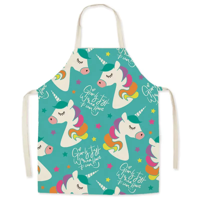 Unicorn-themed kawaii apron with colorful design on a white background