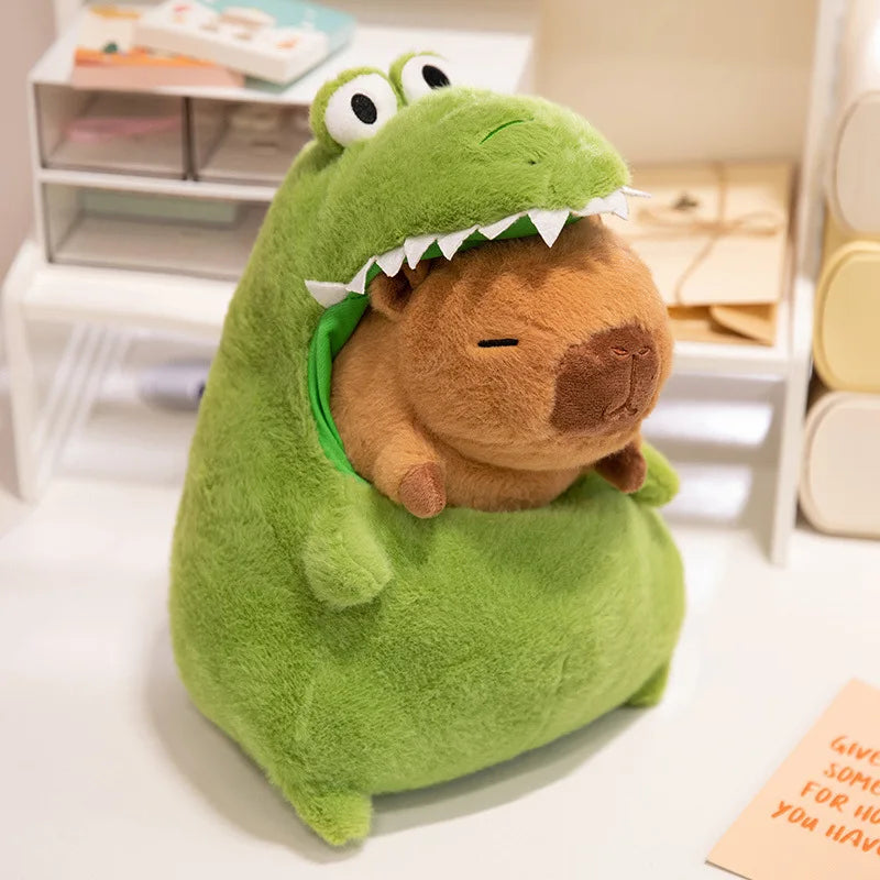 Kawaii plush toy resembling a character with a green shell and brown body on a white surface.