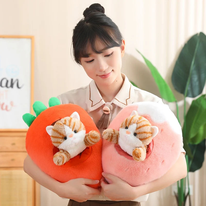 Person holding two kawaii plush toys shaped like carrots and watermelons with cat designs.