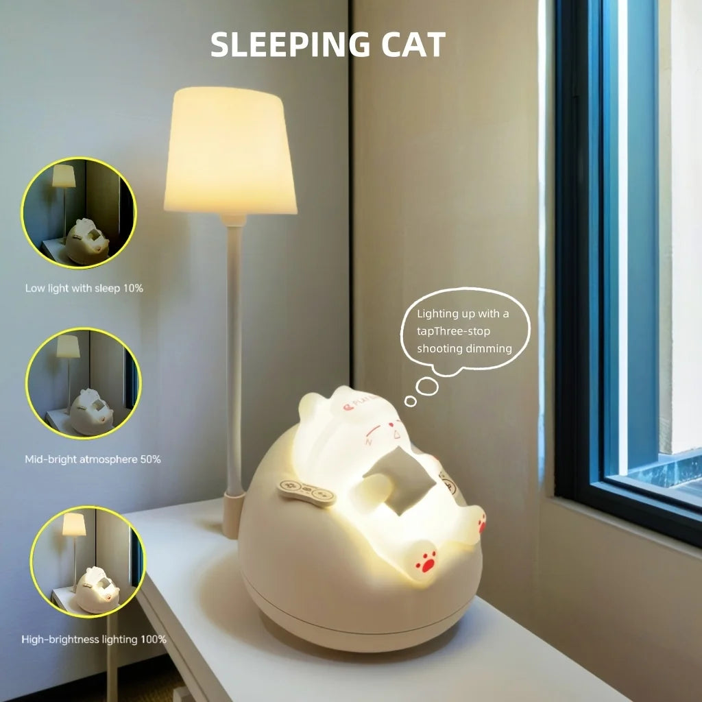 Cat-shaped kawaii night light on a table with lamp and window in the background