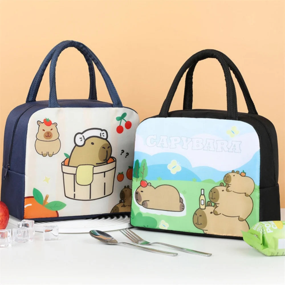 Two cartoon-themed kawaii lunch bags with a bear design on a beige background.