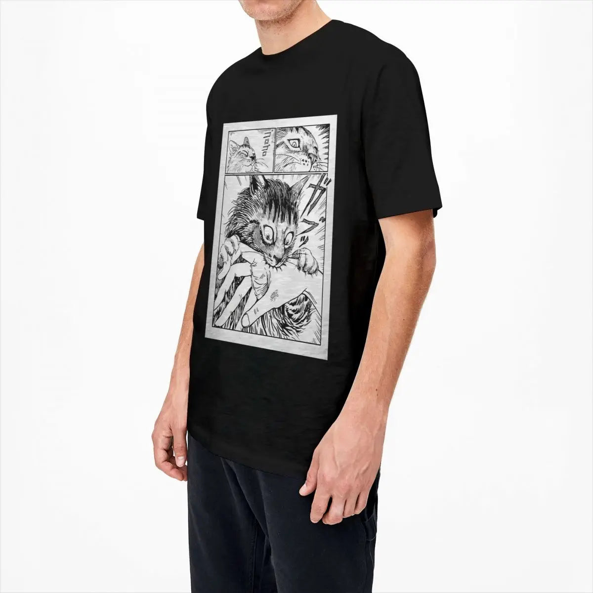 Person wearing a black t-shirt with a kawaii graphic design of a cat and text bubbles on a white background