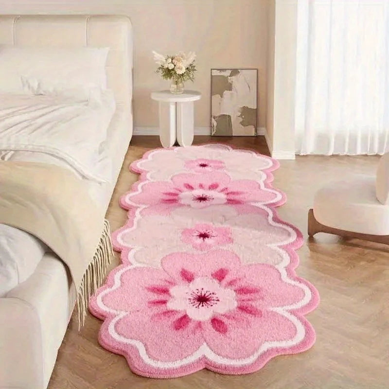 Pink floral kawaii rug on a wooden floor in a bedroom setting