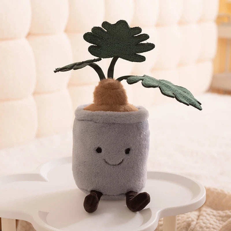Plush kawaii toy shaped like a potted plant with a smiling face on a white surface.
