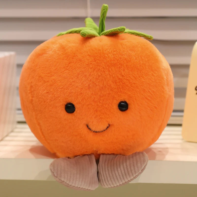 Kawaii plush toy shaped like a pumpkin with a smiling face on a neutral background