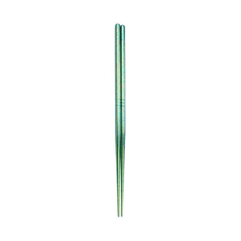 Green metal kawaii chopsticks on a white background