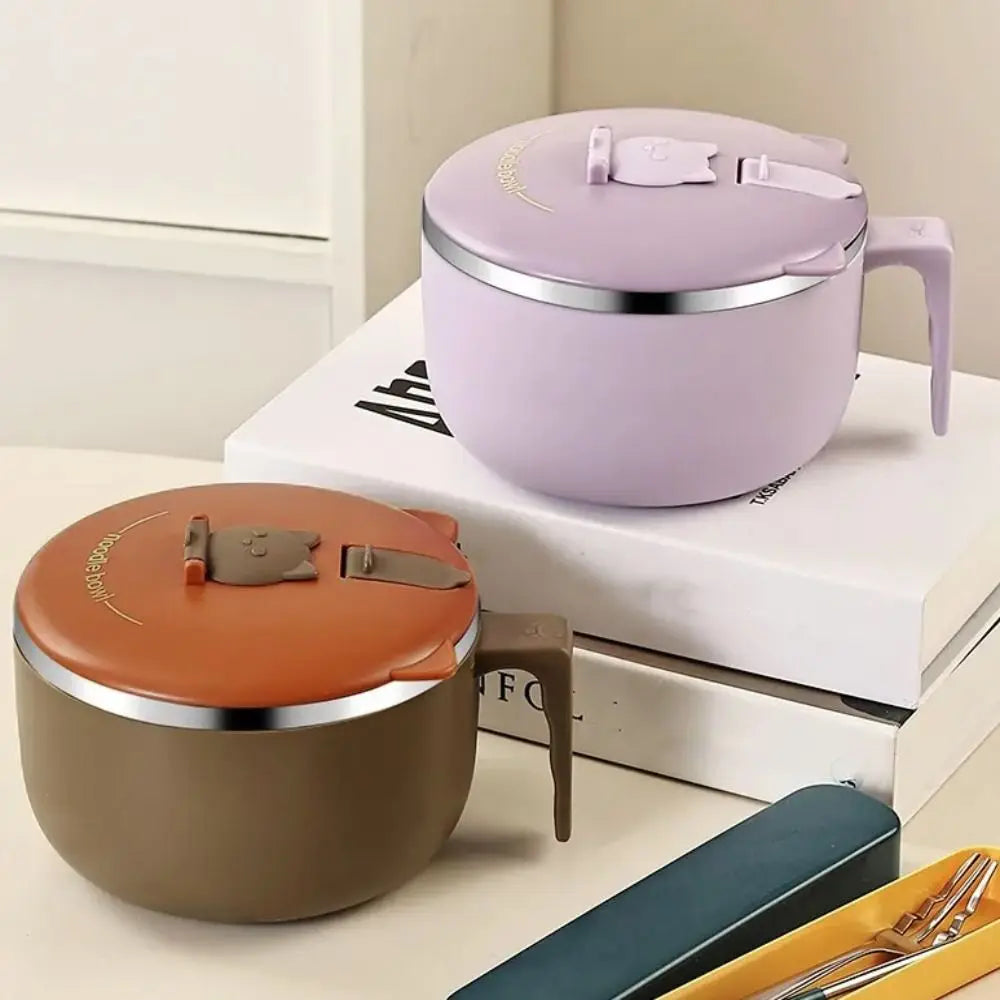 Two insulated kawaii ramen bowls, one brown and one purple, on a white surface.